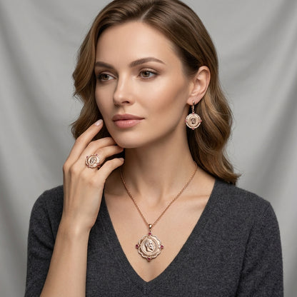 Schmuckset Roter Zirkon Ethno Luxus Roségold – Ring & Kette