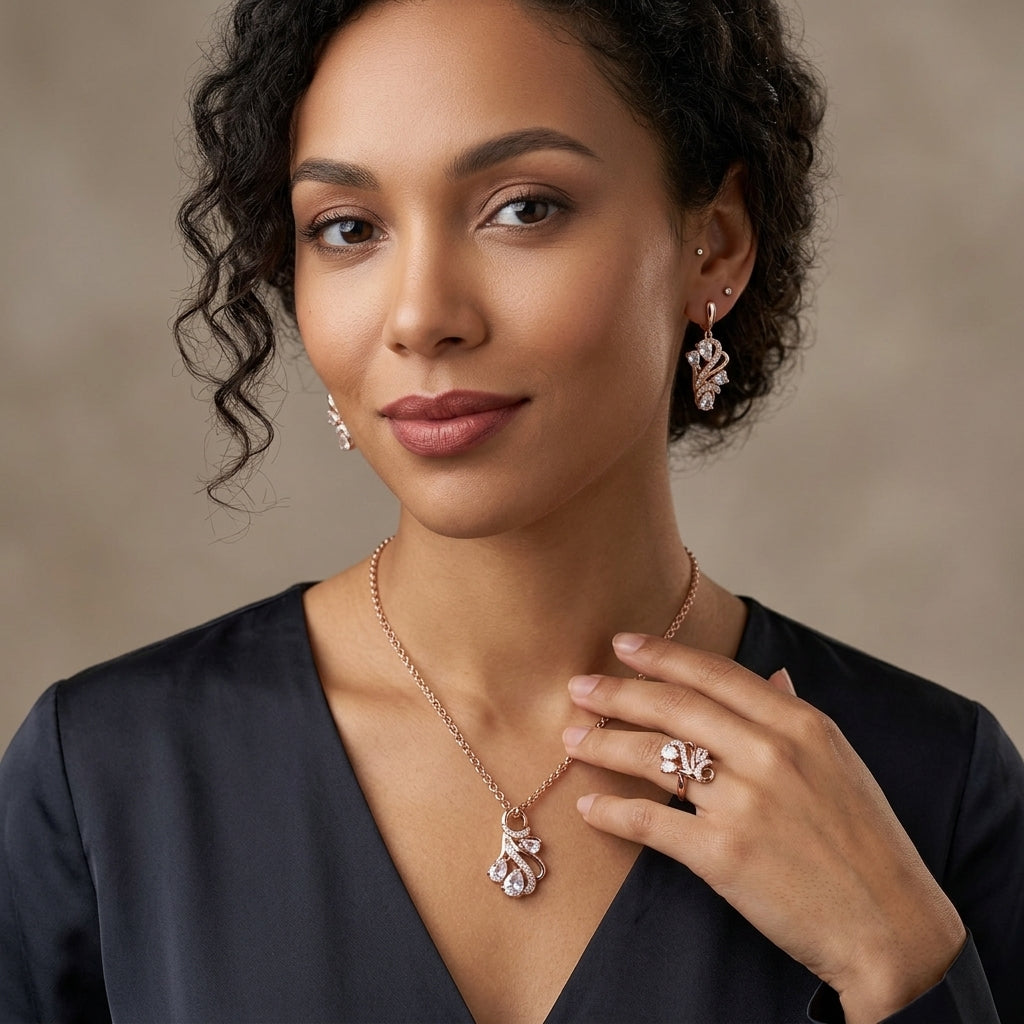 Schmuckset Ethno Hohlmuster Zirkon Braut Roségold – Ring & Kette