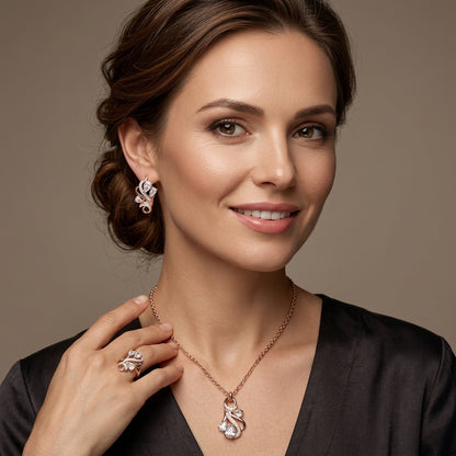 Schmuckset Ethno Hohlmuster Zirkon Braut Roségold – Ring & Kette