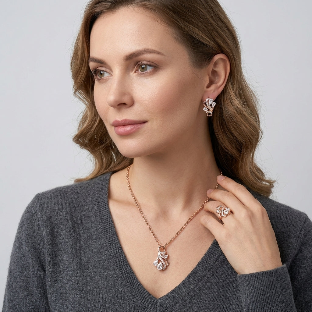 Schmuckset Ethno Hohlmuster Zirkon Braut Roségold – Ring & Kette