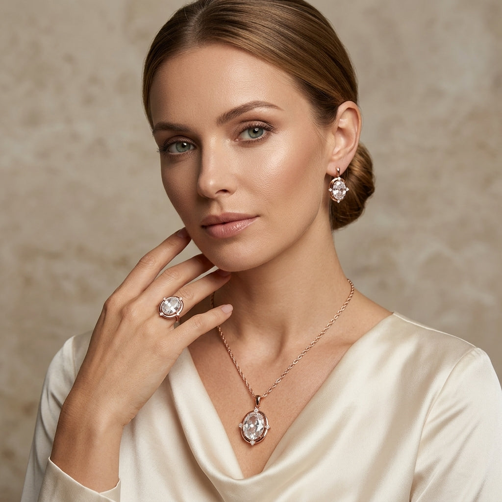 Schmuckset Ovaler Zirkon Alltagsschmuck Roségold – Ring & Kette