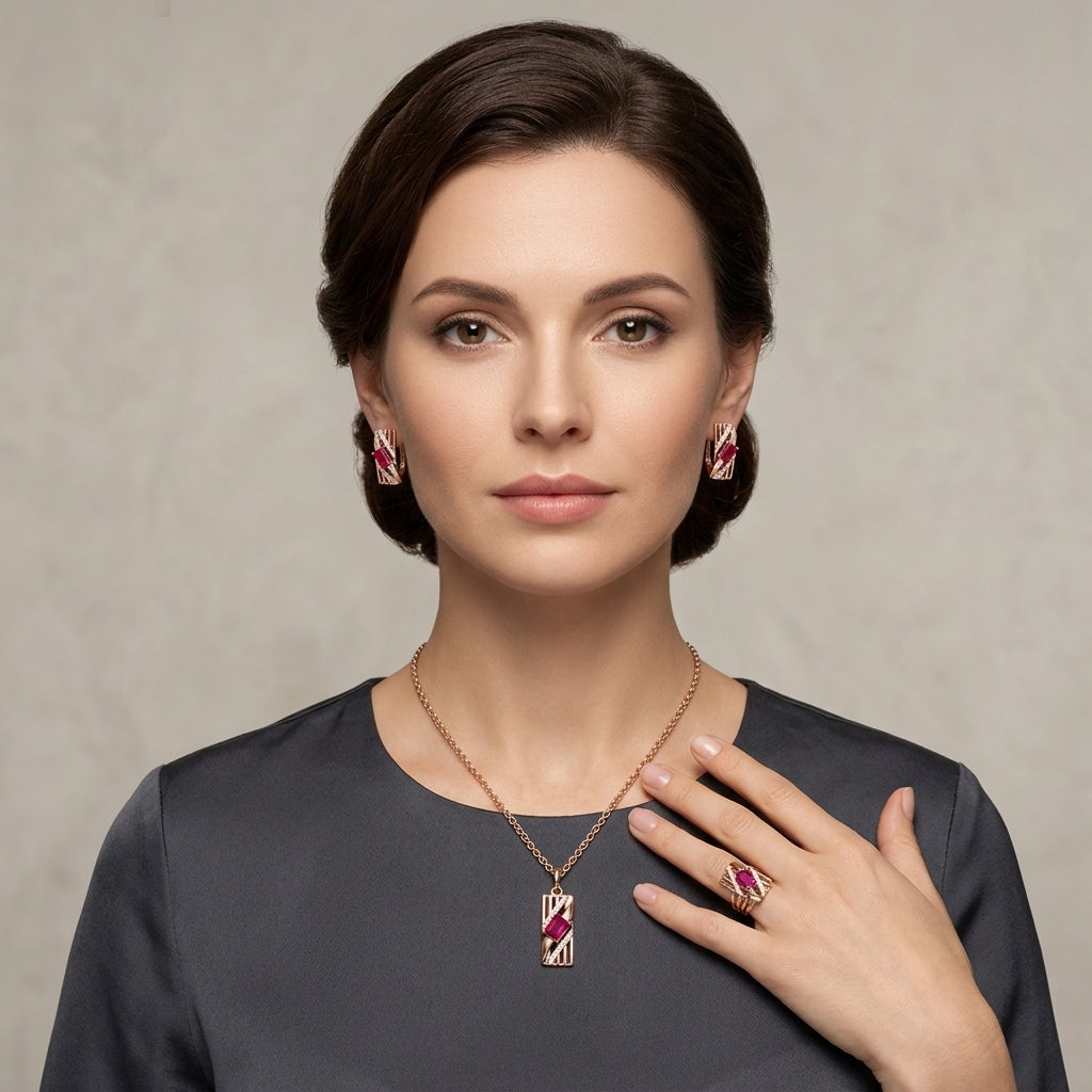 Schmuckset Roter Zirkon Alltagsschmuck Roségold – Ring & Kette