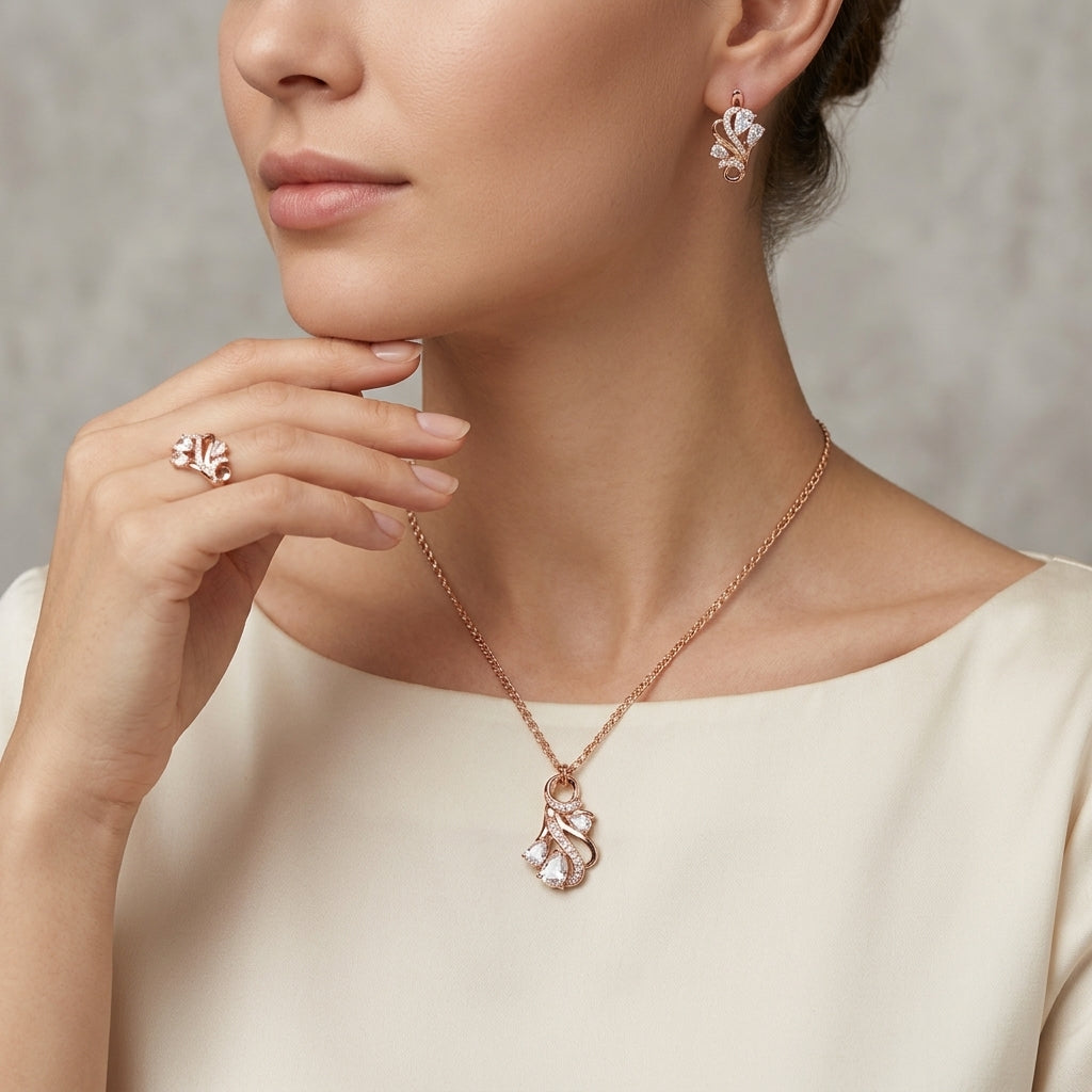 Schmuckset Ethno Hohlmuster Zirkon Braut Roségold – Ring & Kette