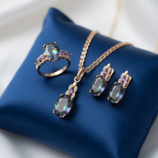 Zirkon Schmuck Set Damen Rosegold 585 Halskette Ohrringe