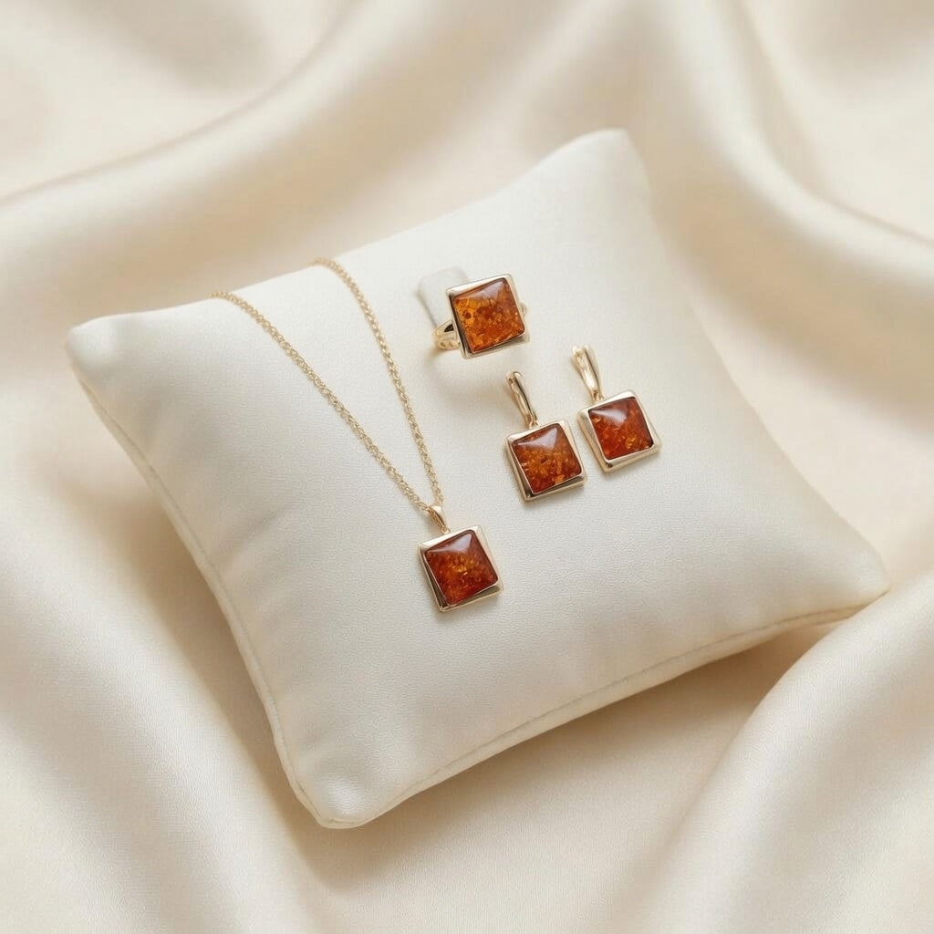 Schmuckset Quadratischer Bernstein Ring Ohrringe Halskette Damen 585 Roségold Zirkon