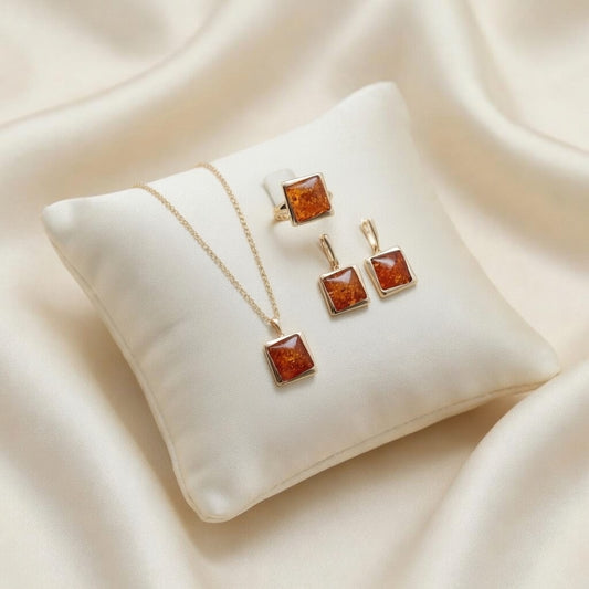 Schmuckset Quadratischer Bernstein Ring Ohrringe Halskette Damen 585 Roségold Zirkon