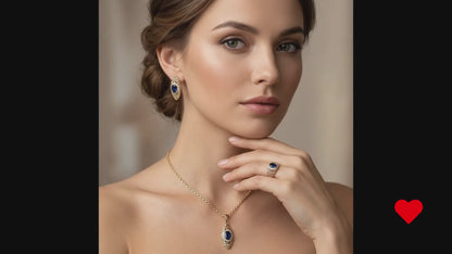 Schmuckset Blau Zirkon Ring Ohrringe Halskette 585 Roségold Glänzend