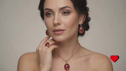 Rotes Zirkon Schmuckset Damen Roségold 585 Ring Ohrringe